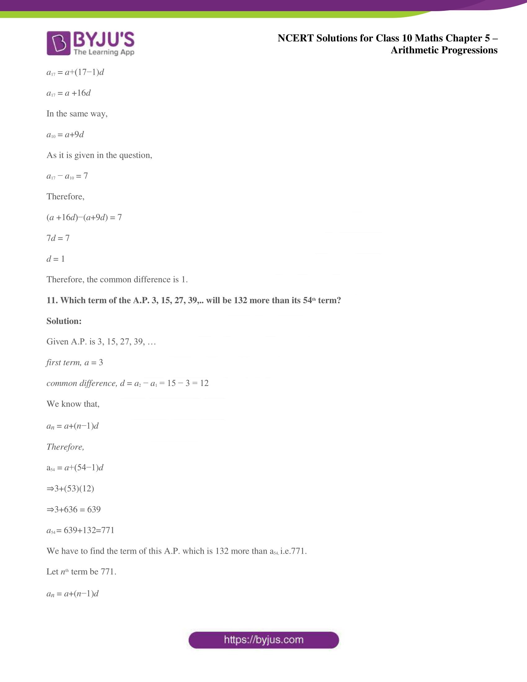 NCERT solutions for Class 10 Maths chapter 5 Arithmetic Progression